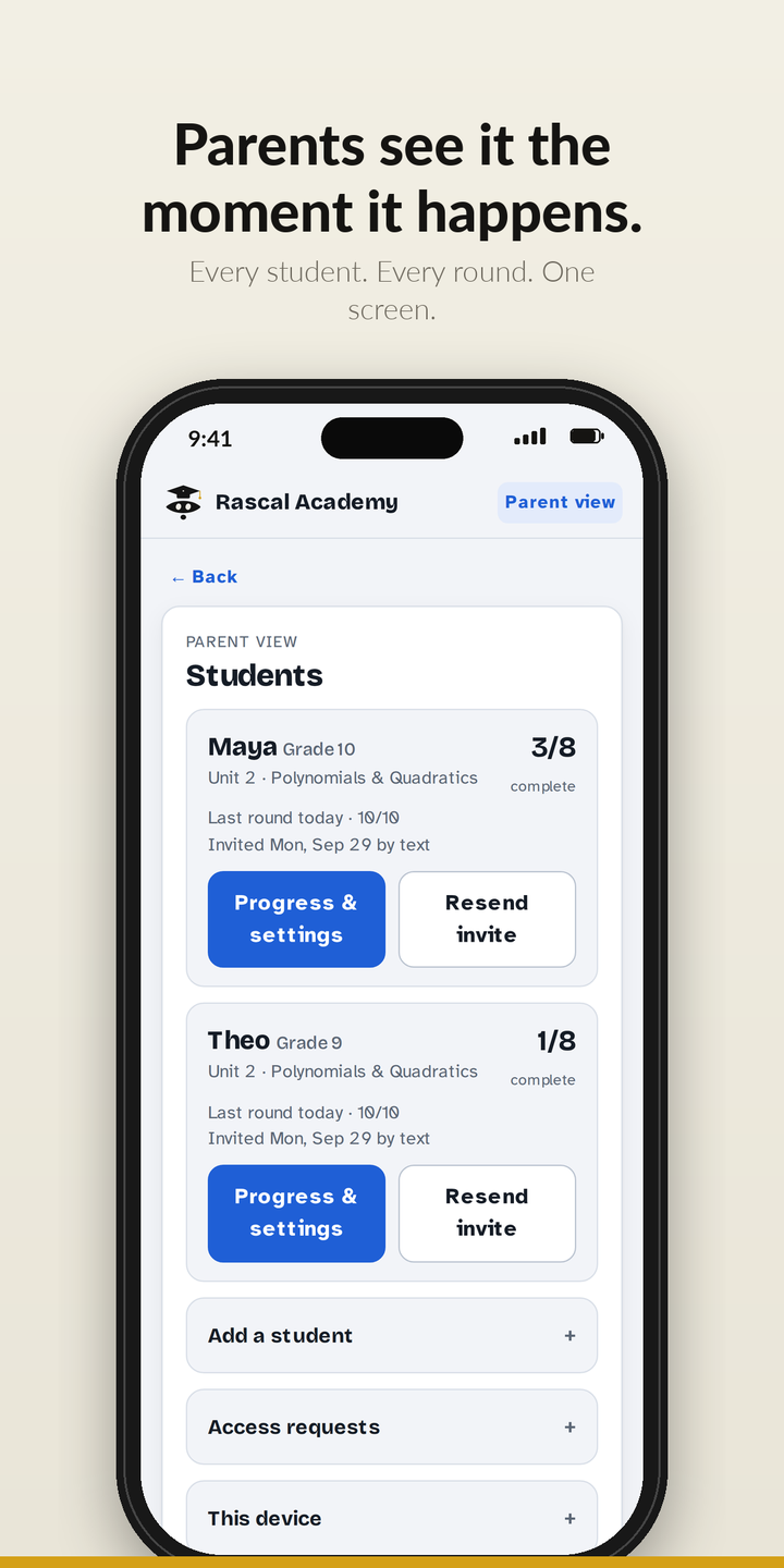 Parent view: every student, every round, one screen